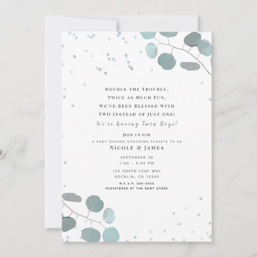 Groene eucalyptus laat Baby shower tweeling achter Kaart (Voorkant)