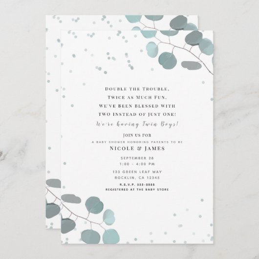 Groene eucalyptus laat Baby shower tweeling achter Kaart (Voorkant / Achterkant)