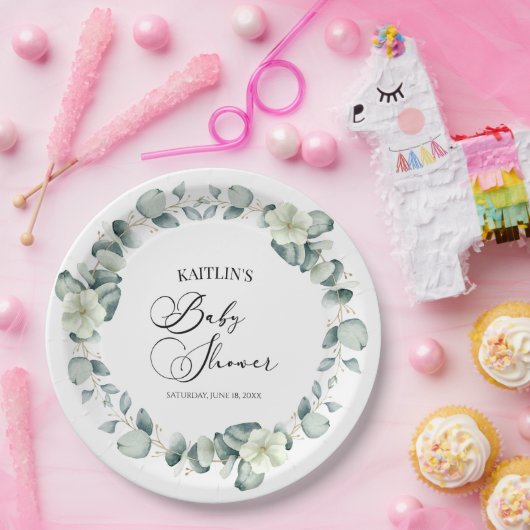 Groene eucalyptus laat botanisch Baby shower achte Papieren Bordje (Feest)