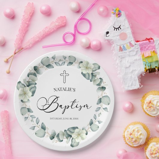 Groene eucalyptus laat botanische doop papieren bordje (Feest)