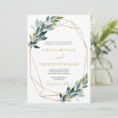 Groene eucalyptus laat gouden geometrische bruilof kaart (Staand voorkant)