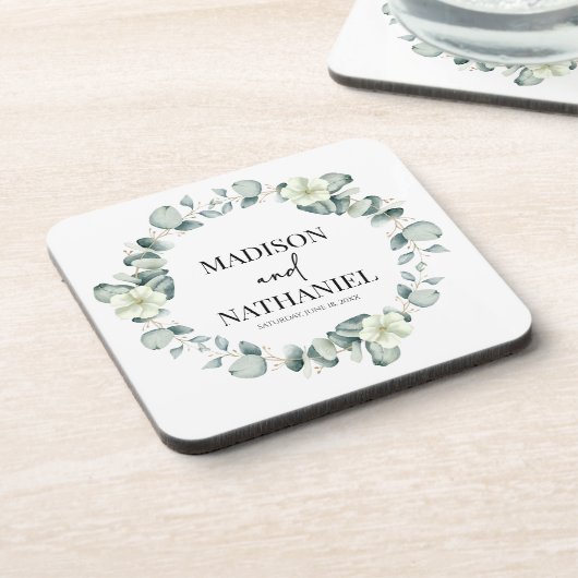 Groene eucalyptus laat groen botanisch bruiloft bier onderzetter (Linkerzijde)