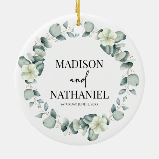 Groene eucalyptus laat groen botanisch bruiloft keramisch ornament (Achterkant)