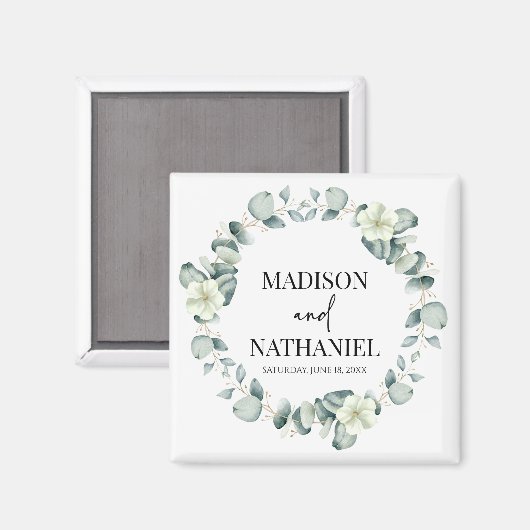 Groene eucalyptus laat groen botanisch bruiloft magneet (Voorkant / Achterkant)