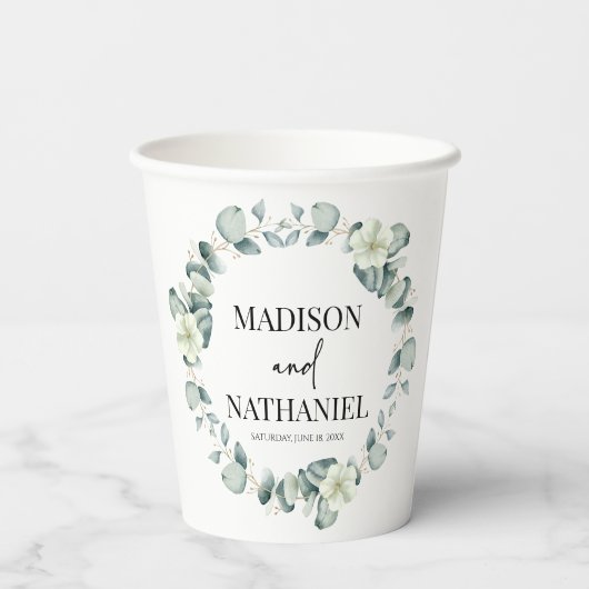 Groene eucalyptus laat groen botanisch bruiloft papieren bekers (Achterkant)