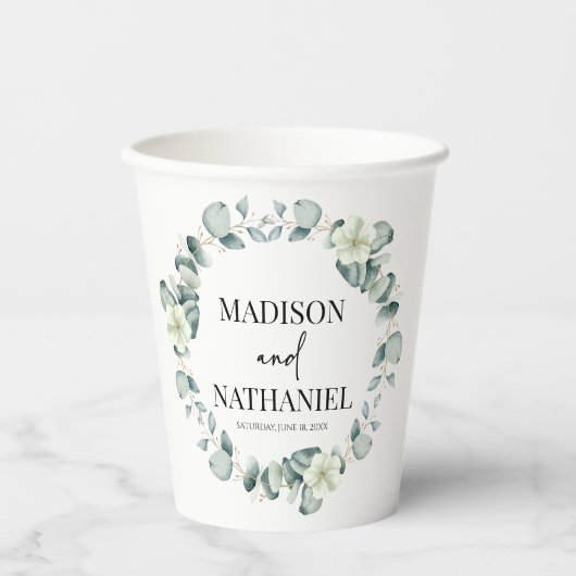 Groene eucalyptus laat groen botanisch bruiloft papieren bekers (Voorkant)