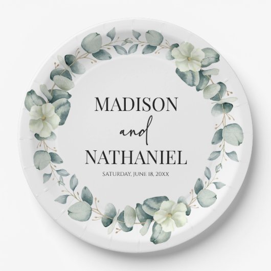 Groene eucalyptus laat groen botanisch bruiloft papieren bordje (Voorkant)