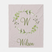 Groene Eucalyptus & Leaf Krans Script Monogram Fleece Deken (Voorkant)