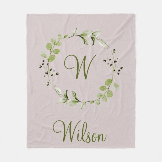 Groene Eucalyptus & Leaf Krans Script Monogram Fleece Deken (Voorkant)