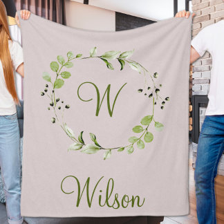 Groene Eucalyptus & Leaf Krans Script Monogram Fleece Deken