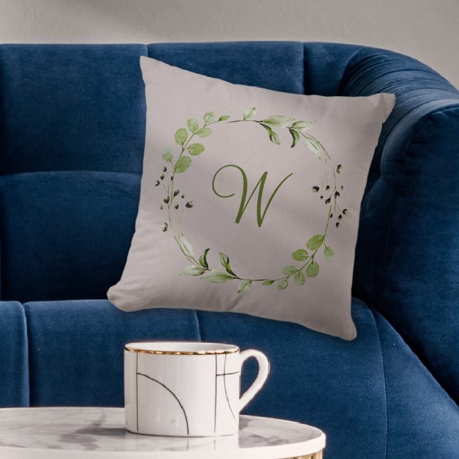Groene Eucalyptus & Leaf Krans Script Monogram Kussen (Green Eucalyptus & Leaf Wreath Script Monogram Throw Pillow
)