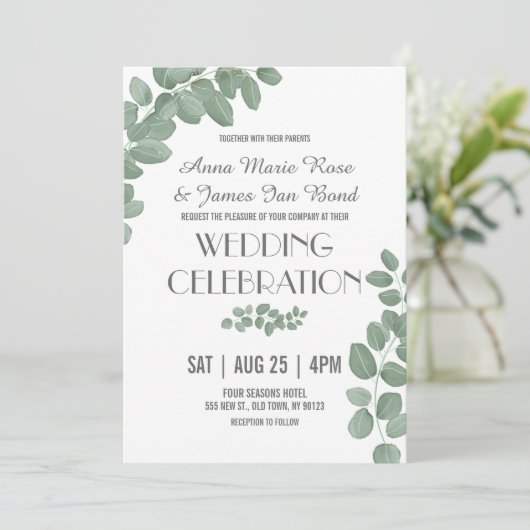 Groene Eucalyptus Leaves Wedding Invitations Kaart (Staand voorkant)