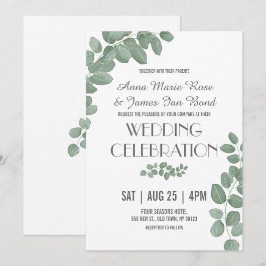Groene Eucalyptus Leaves Wedding Invitations Kaart (Voorkant / Achterkant)