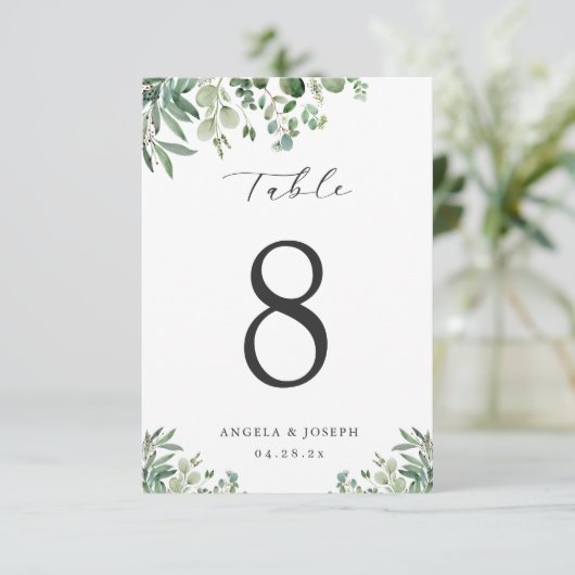 Groene Eucalyptus Leaves Wedding Table Number Kaar RSVP Kaartje (Staand voorkant)