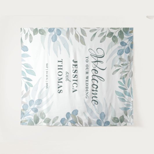 Groene Eucalyptus Loof Huwelijks Welkom Wandkleed (Voorkant (horizontaal))