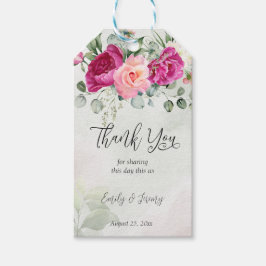 Groene eucalyptus magenta pioenrozen gunst cadeaulabel