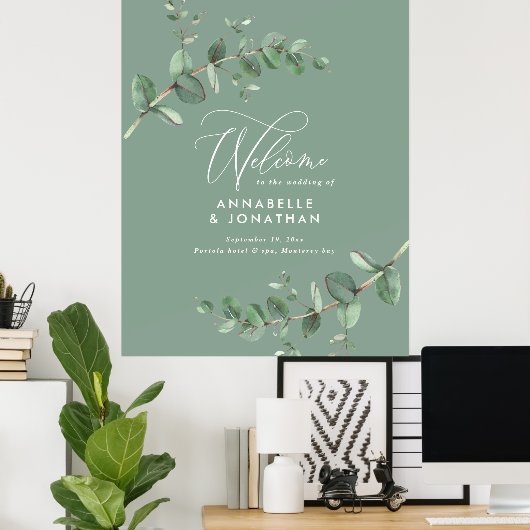 Groene eucalyptus met een simpele bruiloft poster (Thuiskantoor)