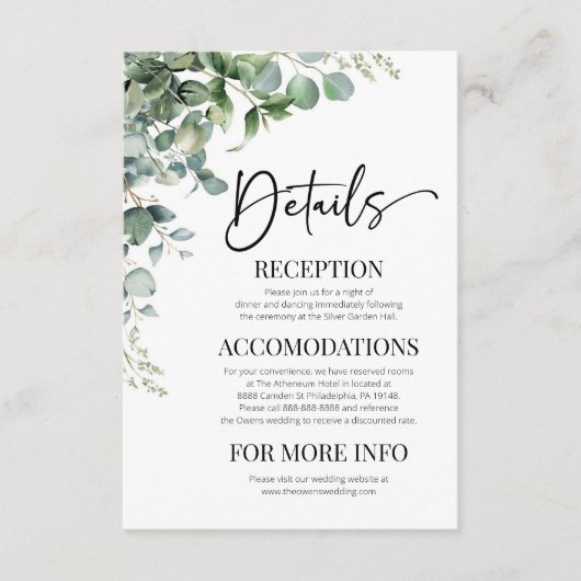 Groene Eucalyptus Moderne bruiloft Details Informatiekaartje (Voorkant)