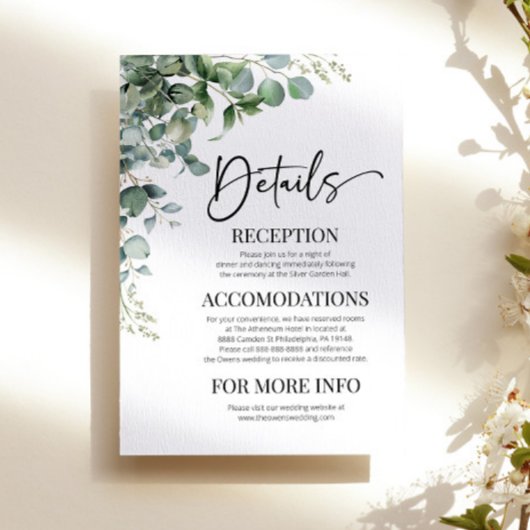 Groene Eucalyptus Moderne bruiloft Details Informatiekaartje