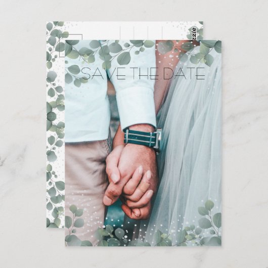 Groene Eucalyptus Moderne foto Save the Date Briefkaart (Voorkant / Achterkant)
