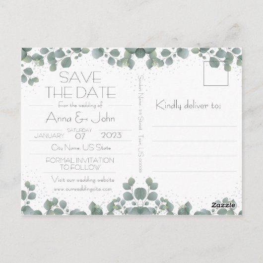 Groene Eucalyptus Moderne foto Save the Date Briefkaart (Achterkant)