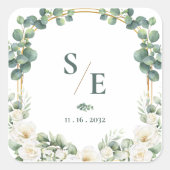 Groene Eucalyptus Monogram Botanische Trouw Vierkante Sticker (Voorkant)