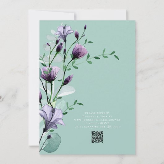 Groene Eucalyptus Paarse Waterverf Bloemige Trouwd Kaart (Achterkant)