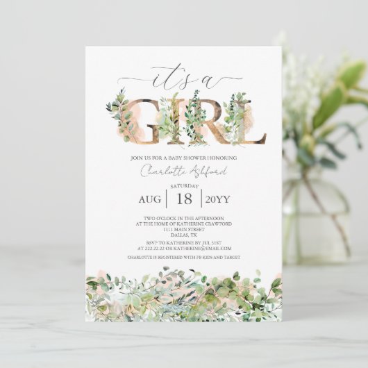 Groene Eucalyptus Roze It's a Girl Baby Shower Kaart (Staand voorkant)