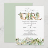 Groene Eucalyptus Roze It's a Girl Baby Shower Kaart (Voorkant / Achterkant)