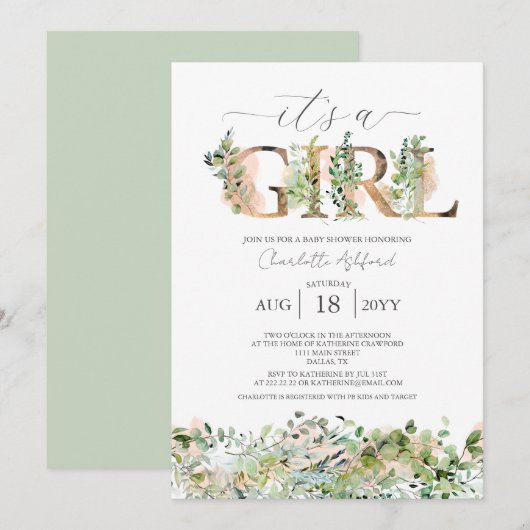 Groene Eucalyptus Roze It's a Girl Baby Shower Kaart (Voorkant / Achterkant)