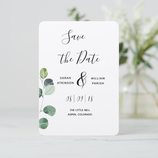 Groene Eucalyptus Sla de datumkaart op Save The Date (Staand voorkant)