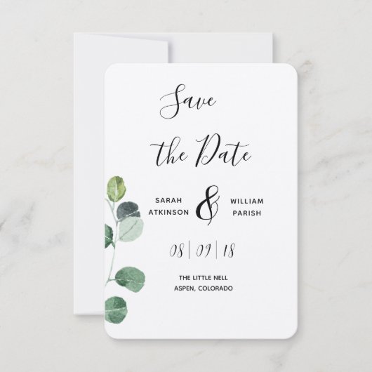 Groene Eucalyptus Sla de datumkaart op Save The Date (Voorkant)