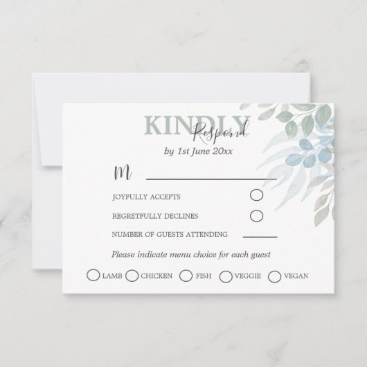 Groene Eucalyptus Stof Blauw Huwelijksreactie RSVP Kaartje (Voorkant)