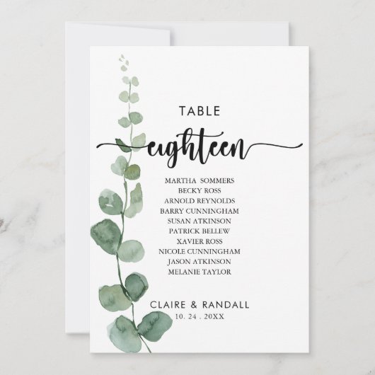 Groene Eucalyptus Tabel Nummer 18 Zitkuur Kaart (Voorkant)