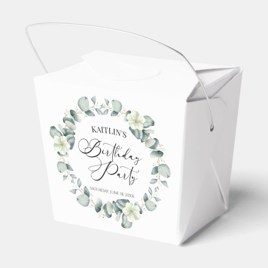 Groene eucalyptus verlaat botanisch verjaardagsfee bedankdoosjes (Achterkant)