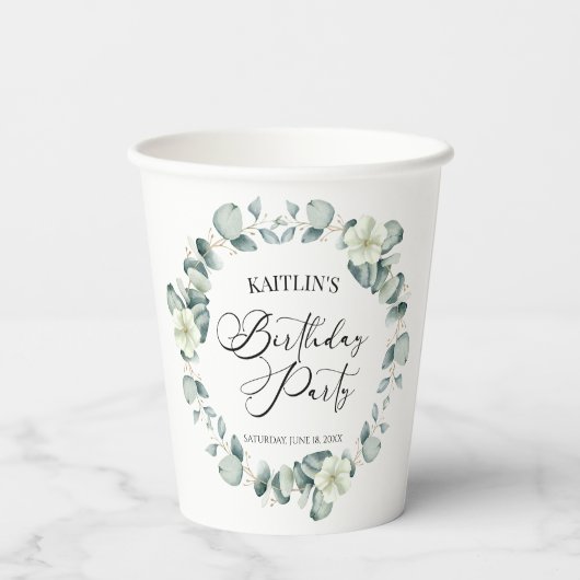 Groene eucalyptus verlaat botanisch verjaardagsfee papieren bekers (Achterkant)