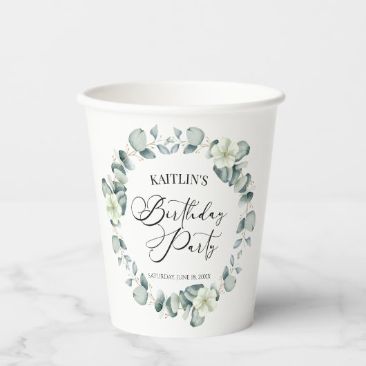Groene eucalyptus verlaat botanisch verjaardagsfee papieren bekers (Voorkant)