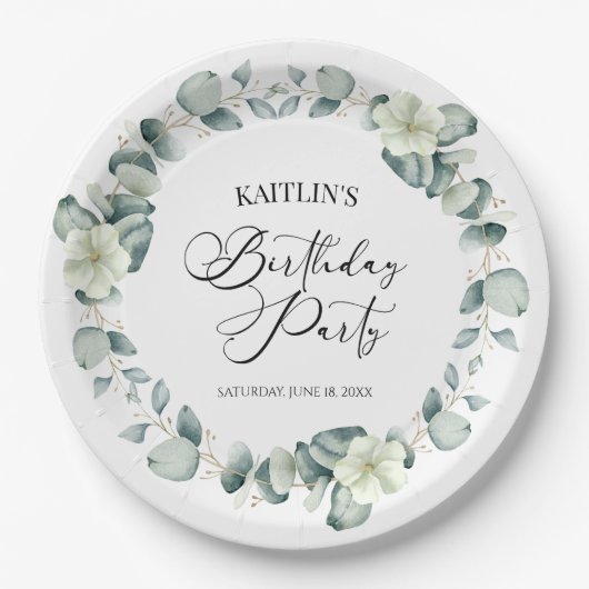 Groene eucalyptus verlaat botanisch verjaardagsfee papieren bordje (Voorkant)