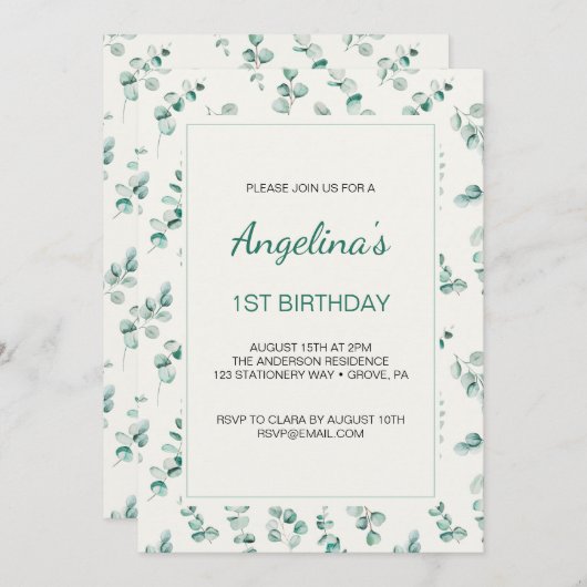 Groene eucalyptus verlaat eerste verjaardag kaart (Voorkant / Achterkant)