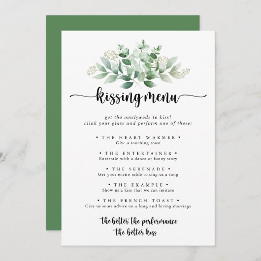 Groene Eucalyptus Weddenschap Kissingmenu Spel Kaa (Voorkant / Achterkant)