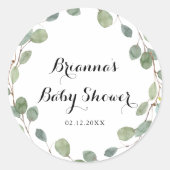Groene eucalyptusblad baby shower favor ronde sticker (Voorkant)