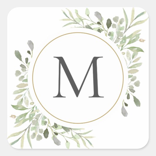 Groene Eucalyptusblad Monogram Vierkante Sticker (Voorkant)