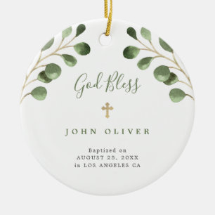 Groene eucalyptusbladeren baby baptisme foto keramisch ornament