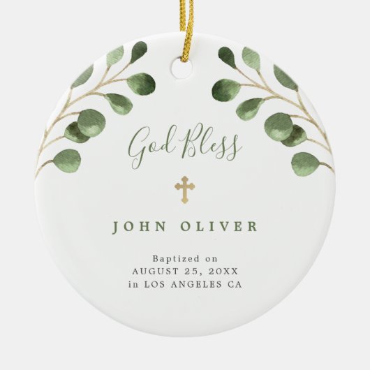 Groene eucalyptusbladeren baby baptisme foto keramisch ornament (Voorkant)