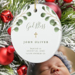Groene eucalyptusbladeren baby baptisme foto keramisch ornament<br><div class="desc">Waterverf eucalyptus greenery bladeren en een klastig handgeschreven stijl kalligrafie script dat een mooie jongen of meisje baptisme op maat maakt voor het ornament van de witte kerstboom.</div>