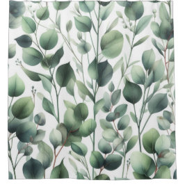 Groene eucalyptusbladeren op witte douchegordijn