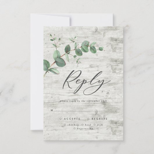 groene eucalyptusbladeren witte houtbruiloft RSVP (Achterkant)