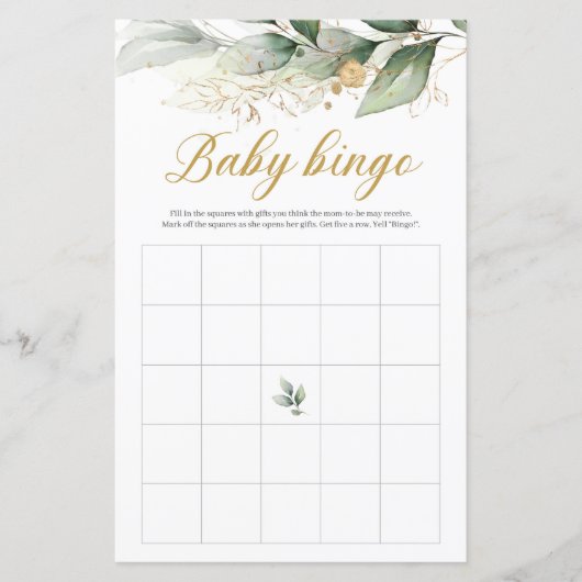 Groene eucalyptusgoud laat boho baby bingo spel (Voorkant)