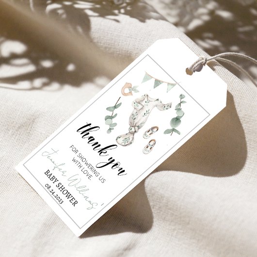 Groene eucalyptusjongen baby shower bedankt jullie cadeaulabel