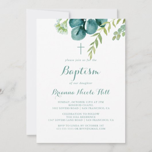  groene eucalyptuskalligrafie Baptisme Kaart (Voorkant)